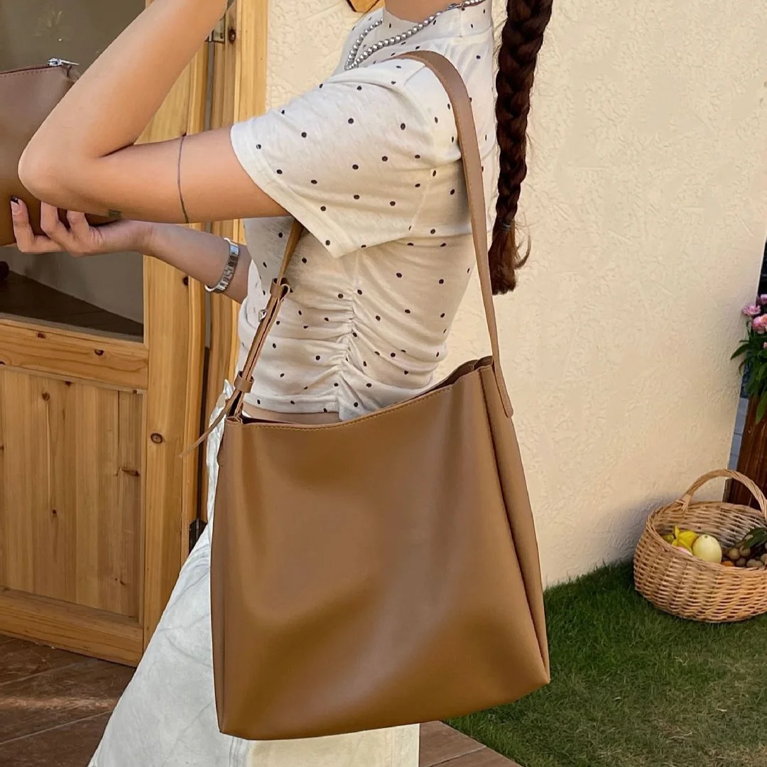 Leather Shoulder Bags Women 2pcs Solid Korean Fashion Handbags Office Lady Large Capacity Outdoor Portable Tote Bag Purse Bolsos