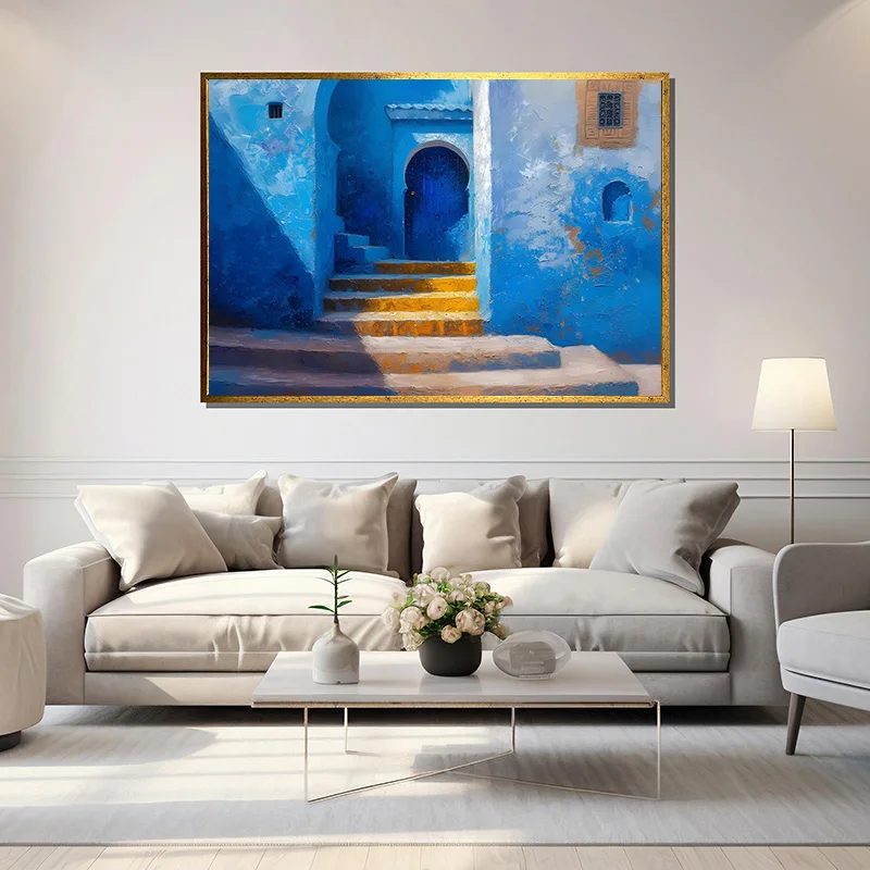 Greek Island Architecture  Morocco Blue Door Street Poster Canvas Painting Print Wall Picture for Living Room Home Decor