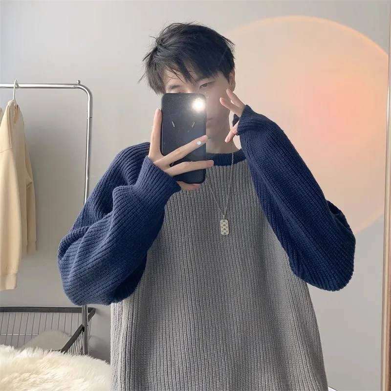 

Мужской и женский осенне-зимний новый модный лоскутный свитер с рукавами реглан и круглым вырезом, японский пуловер в стиле ретро, базовый слой цвета