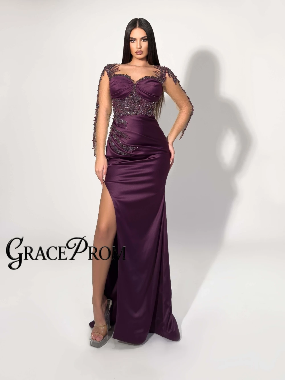 

Purple Satin Beaded Prom Dress Delicate Long Sleeved Customized Evening Gown With Side Slit Glitter Sequins Galas Party Wear