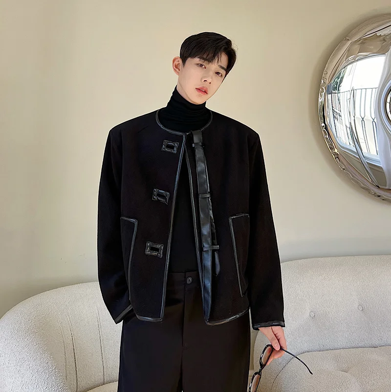 

New Winter Chinese Sle Mountain Series Jaet ort Bla Woolen Coat ex Small Fraance Wind Leather Button Design