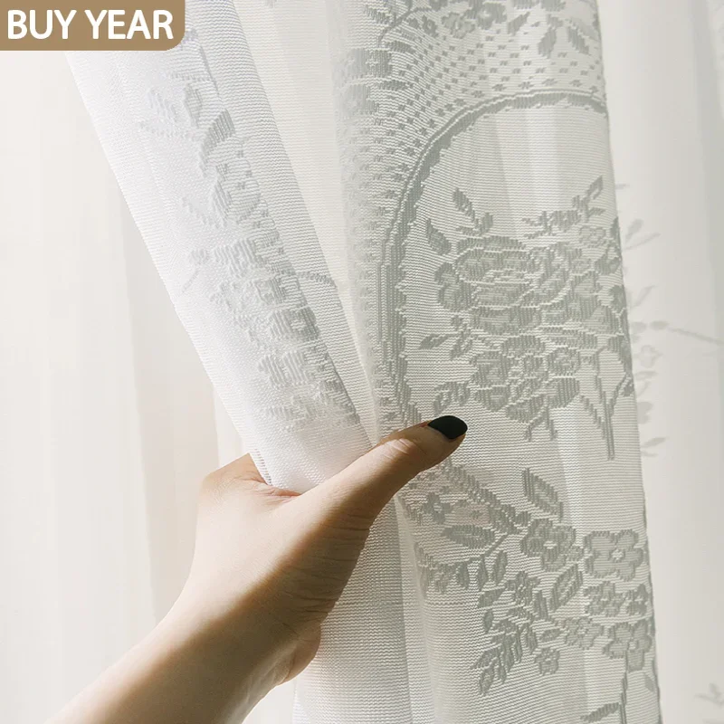 

European Style Curtains for Living Dining Room Bedroom White Lace Mirror Peony Tulle Curtain Finished Product Customization