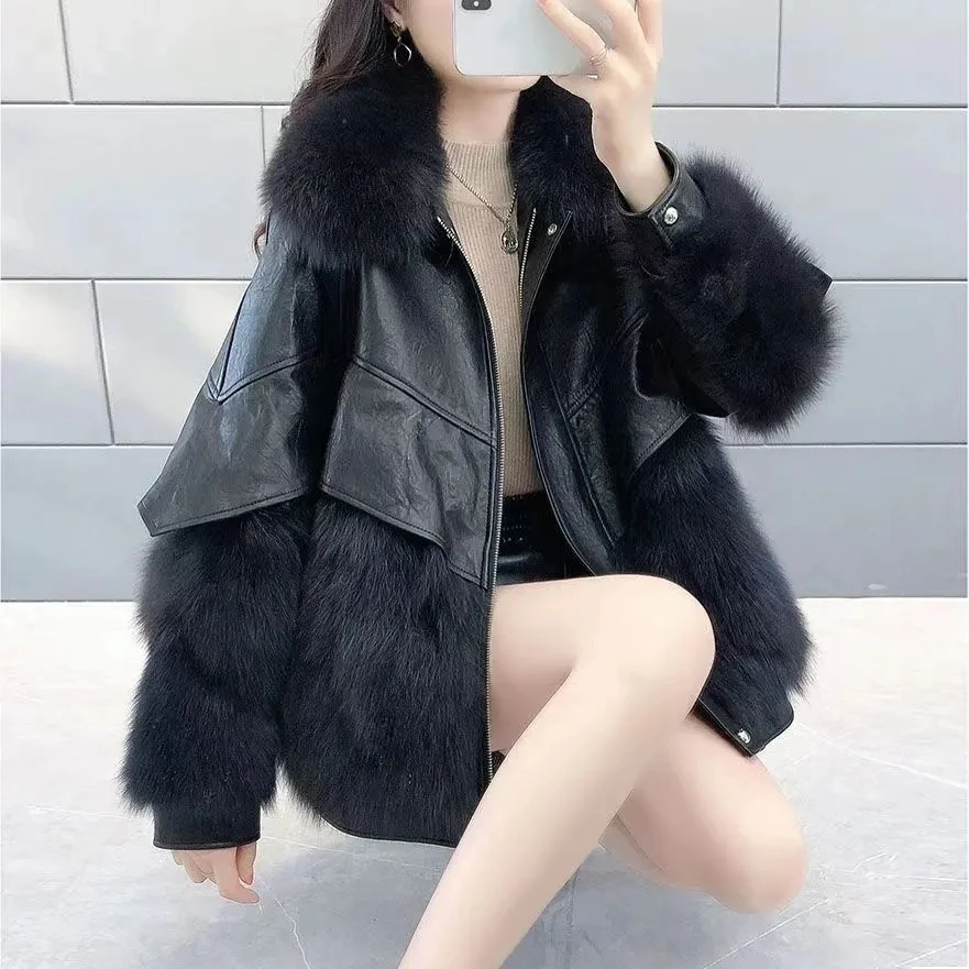 New Women Fur Coats Autumn Winter Thick Cotton Quilted Warm Jacket Fashion PU Leather Fox Fur Collar Down Cotton Parka Coat