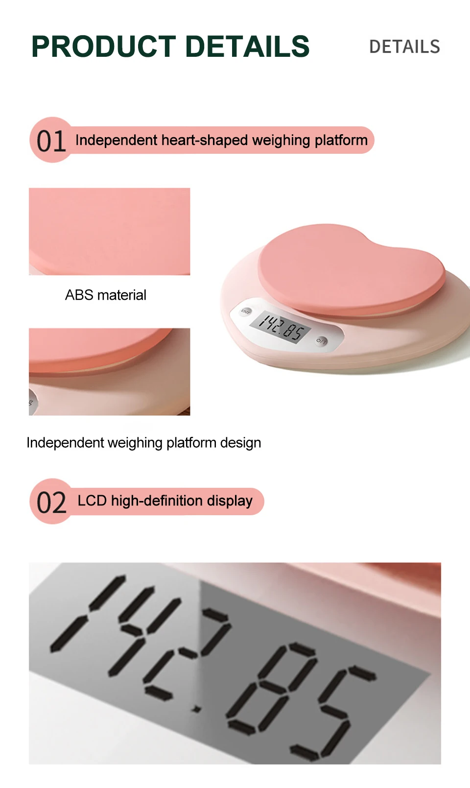 Multifunktionale Küchenwaage in Rosa Herzform, Tragbare Hochpräzise Digitalwaage 5kg/1g 3kg/0,1g LCD Elektronische Waage – Detail 7