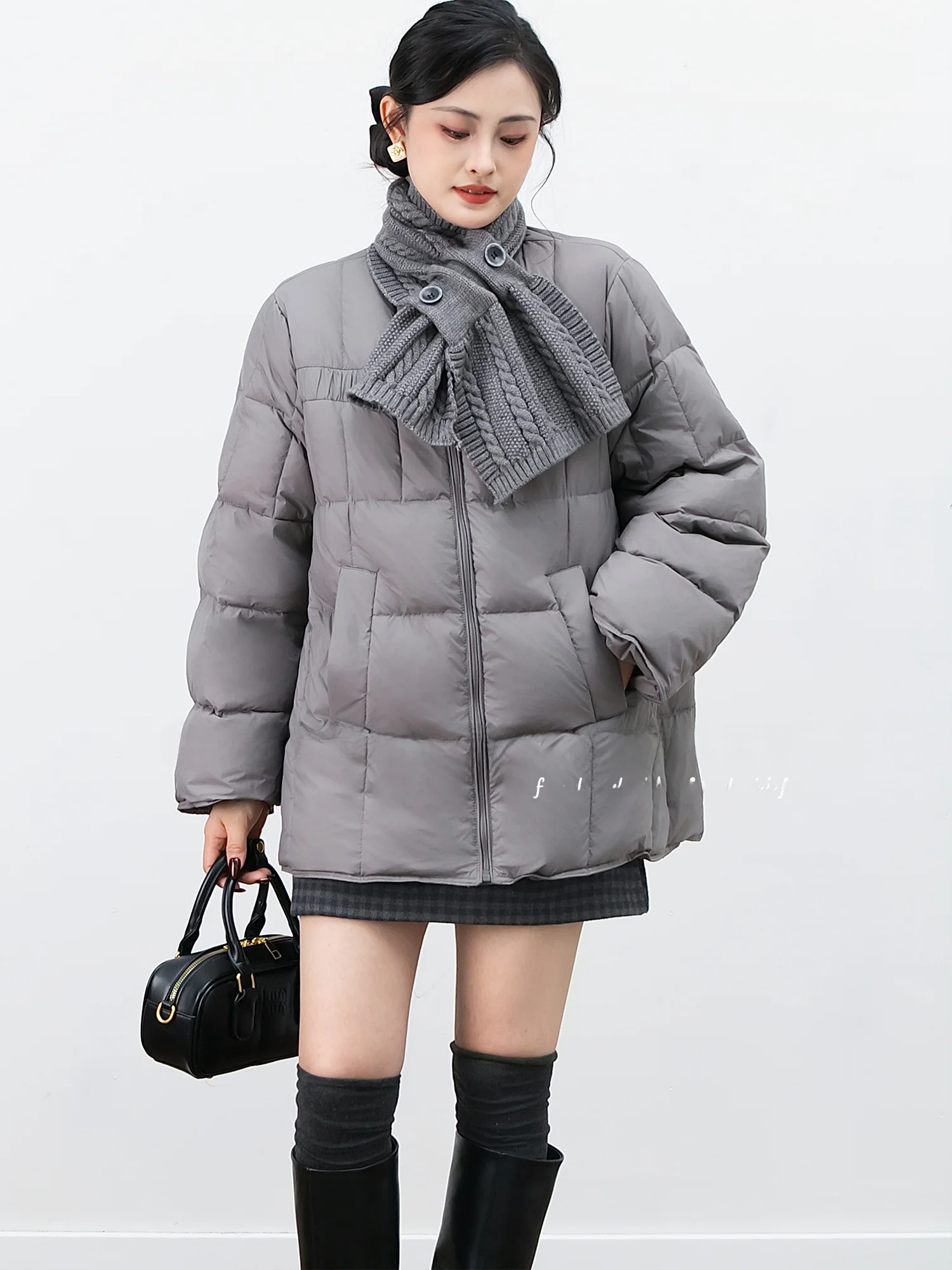 

Chelzy Korean Sle Women's Long down Jaet Cozy Warm Loose Fit Du down Filled Bread Coat Scarf Combo Winter Outerwear