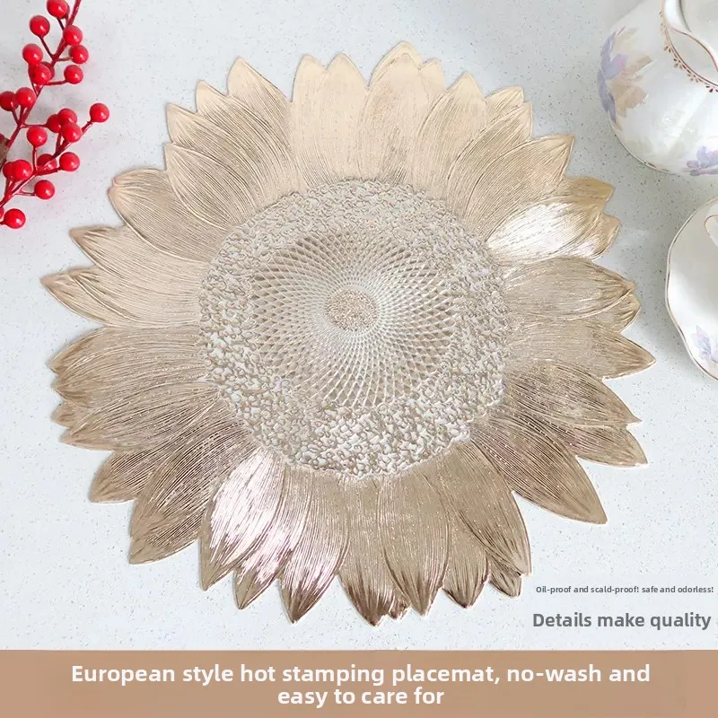 New Sunflower Gold Hot Stamping Luxury PVC Coaster Non Slip Waterproof Oil Proof Table Mat for Hotel Home