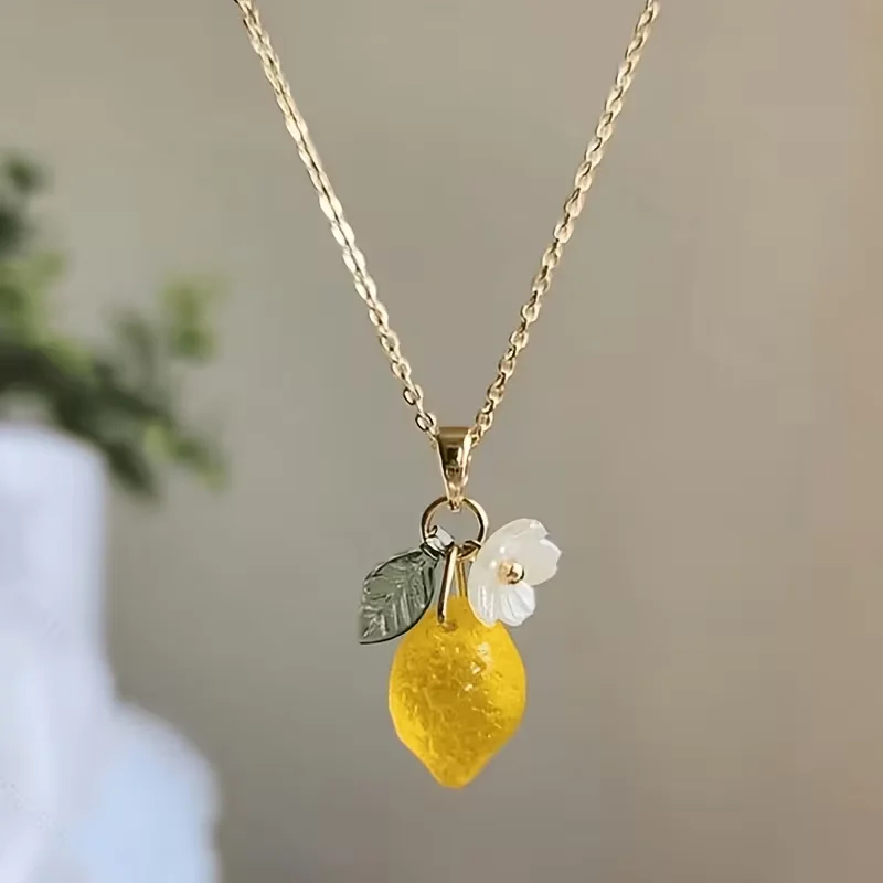 New Fashion Lemon Fruit Pendant Necklace for Women Ins Flower Chain Daily Wear Jewelry Gifts