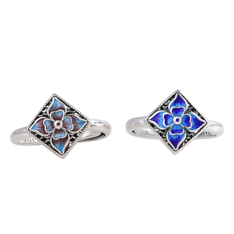 BOCAI New S925 Pure Silver Retro Art Cloisonn é Square Small Flower Ring Ladies' Selected Gift