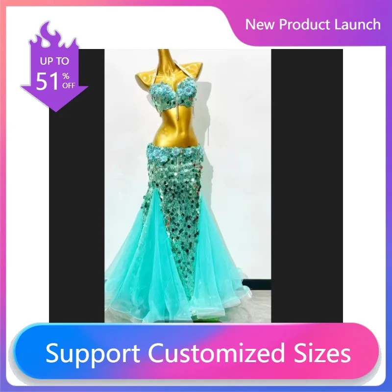 Belly Dance Performance Set for Women Big Sequins Bra Top+long Skirt 2pcs Custom Adult Oriental Belly Dancing Outfit