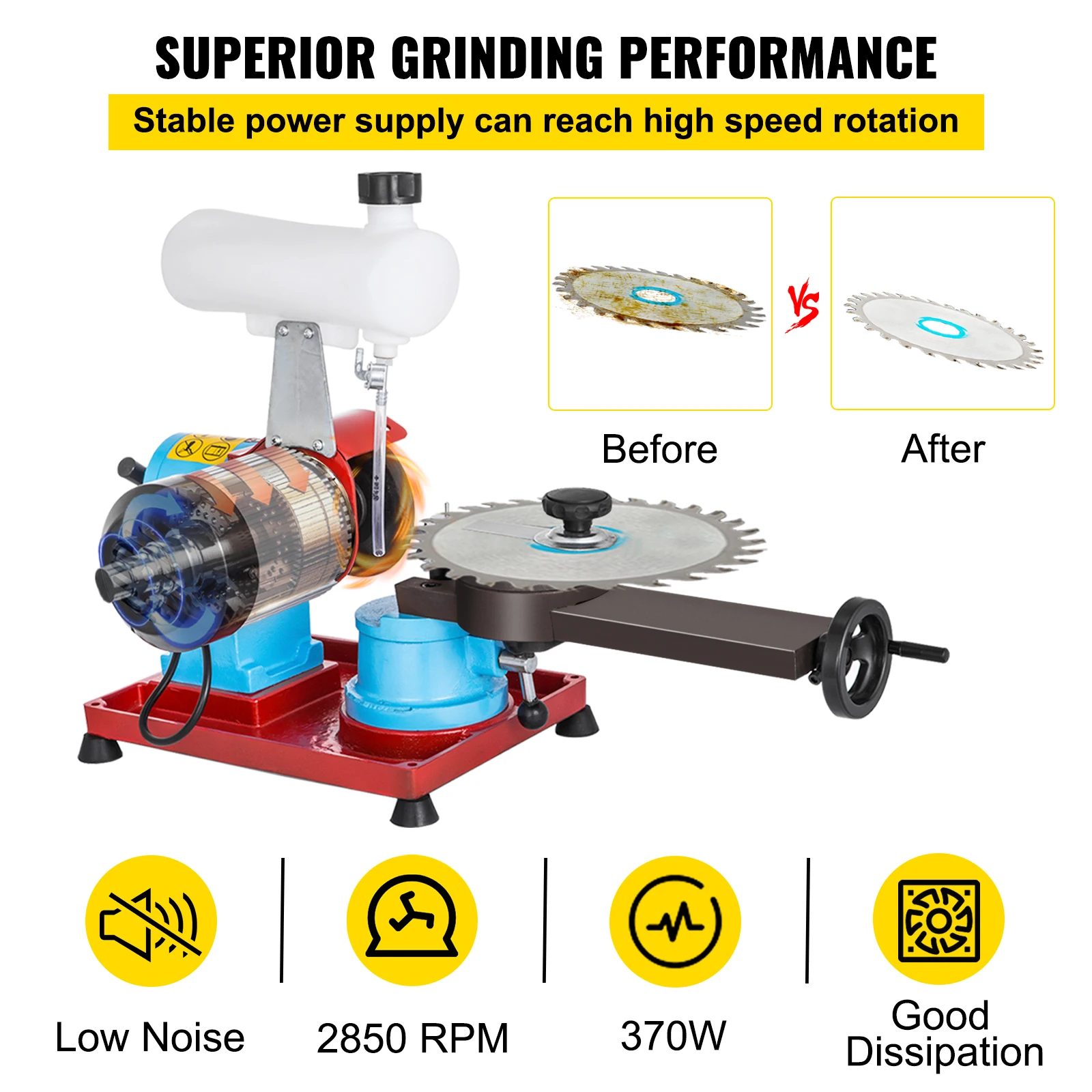 VEVOR Macchina per Smerigliatrice ad Iniezione d'Acqua 125MM 370W Macchina per Affilare la Lama per Sega Circolare 3400 giri/min per Lama per Sega con Punta in Metallo Duro con Serbatoio dell'Acqua