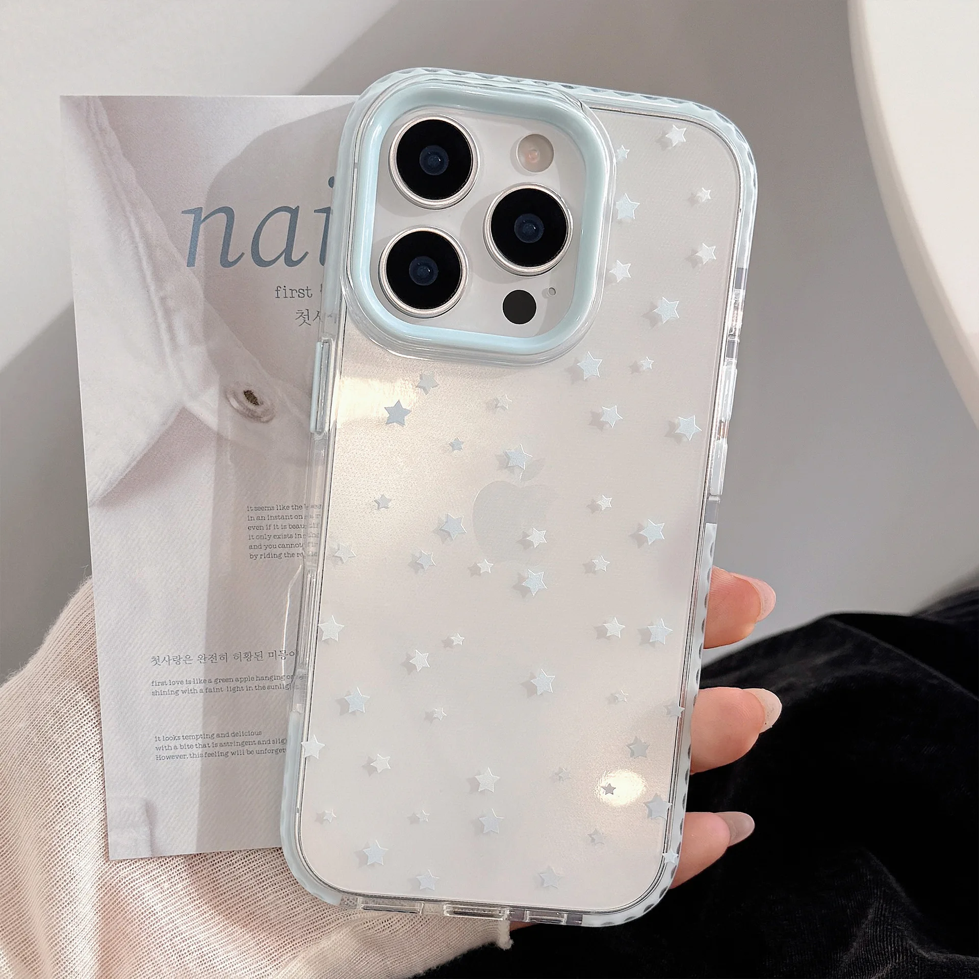 Ins koreanische Vollbild-Handyhülle mit blauem Sternenmuster für iPhone 16, 15, 14, 13, 12, Pro Max, transparente, stoßfeste Schutzhülle