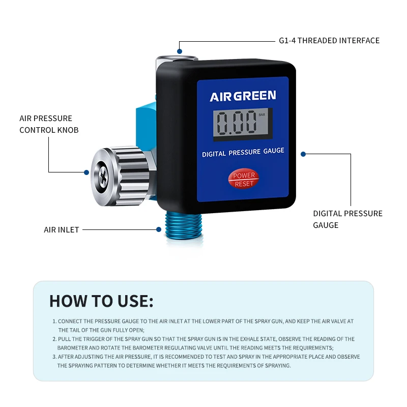 AIR GREEN Digital Pressure Gauge Regulator Unit For Spray Gun G1/4\