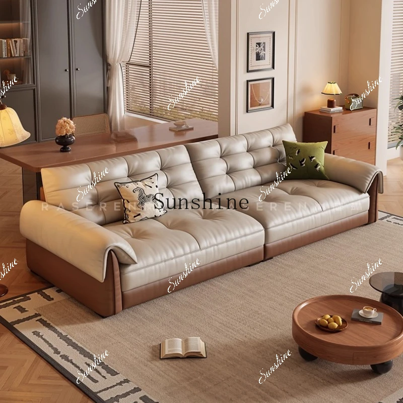The first layer of cowhide, sofa Italian retro high-end small apartment living room, straight row wide sitting deepP