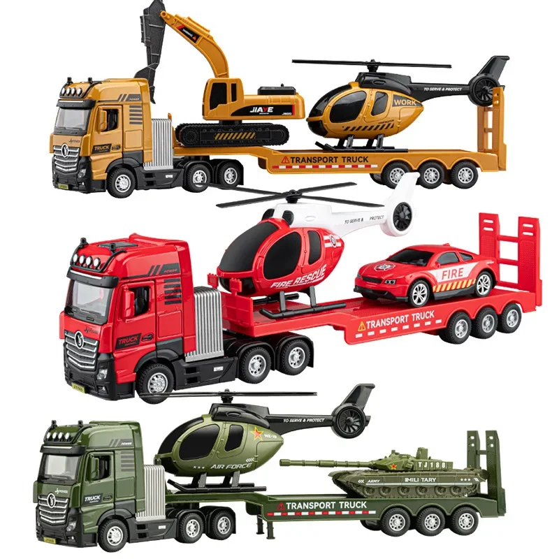 Simuação-Liga Engenharia Truck Toy Set para Meninos, Modelo De Reboque, Escavadeira, Carro De Polícia, Helicóptero, Diecast Veículo Presente, 1/50