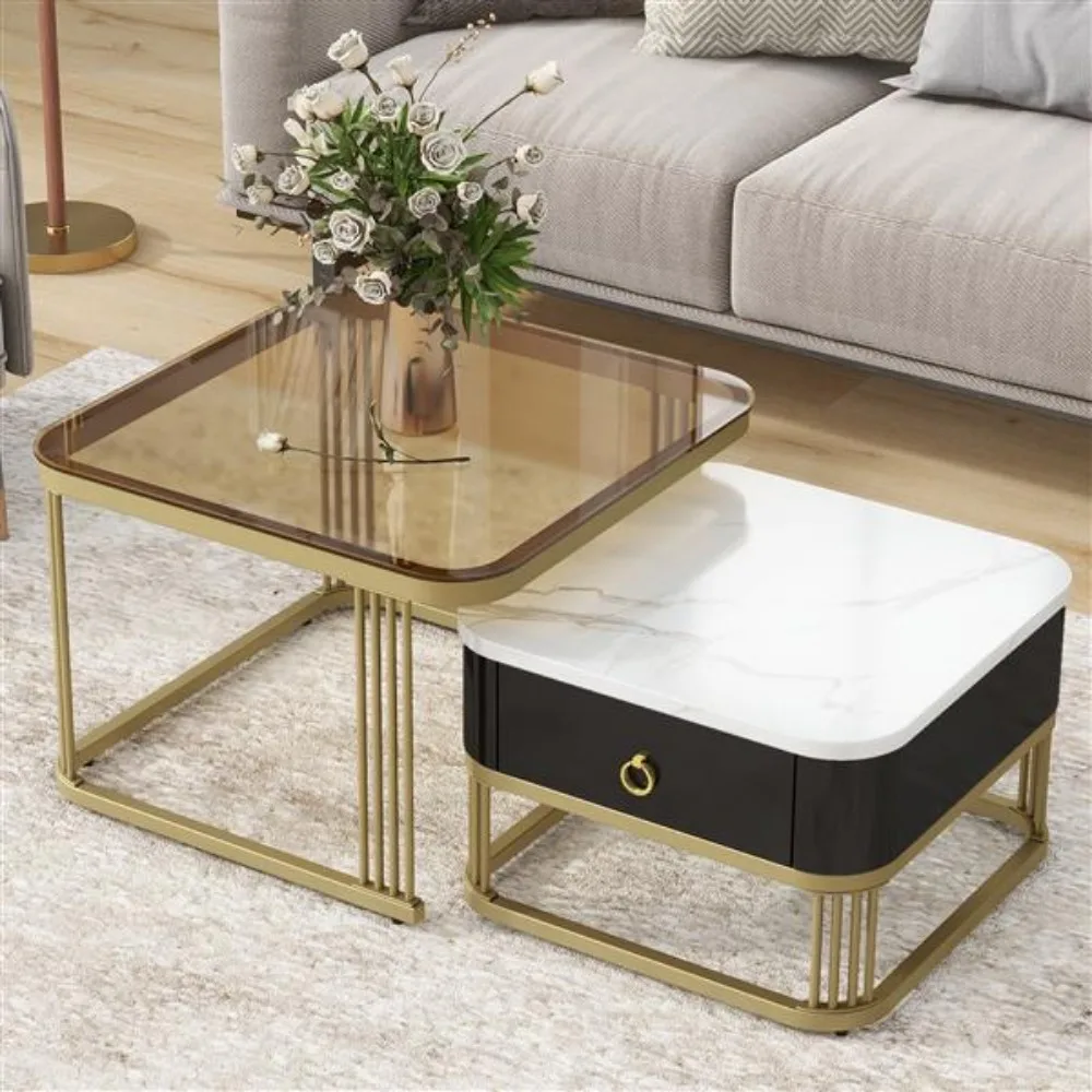 

Nesting Coffee Table with Drawer Set of 2, Stacking Coffee Tables with Brown Tempered Glass, High Gloss Marble Grain Tabletop