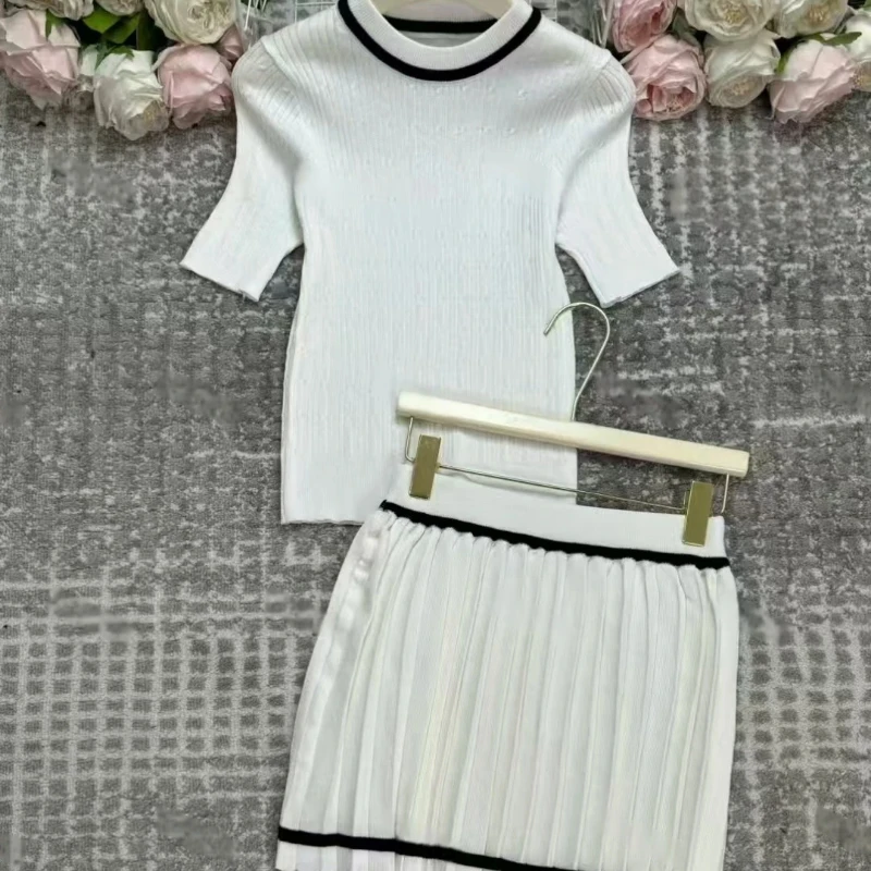 XIAOTANG 2025 New Y2K Summer 2 Pieces Women's Sets O-Neck Short Sleeve Tops and Pleated Sexy Mini Skirts Outfits Suit for Female