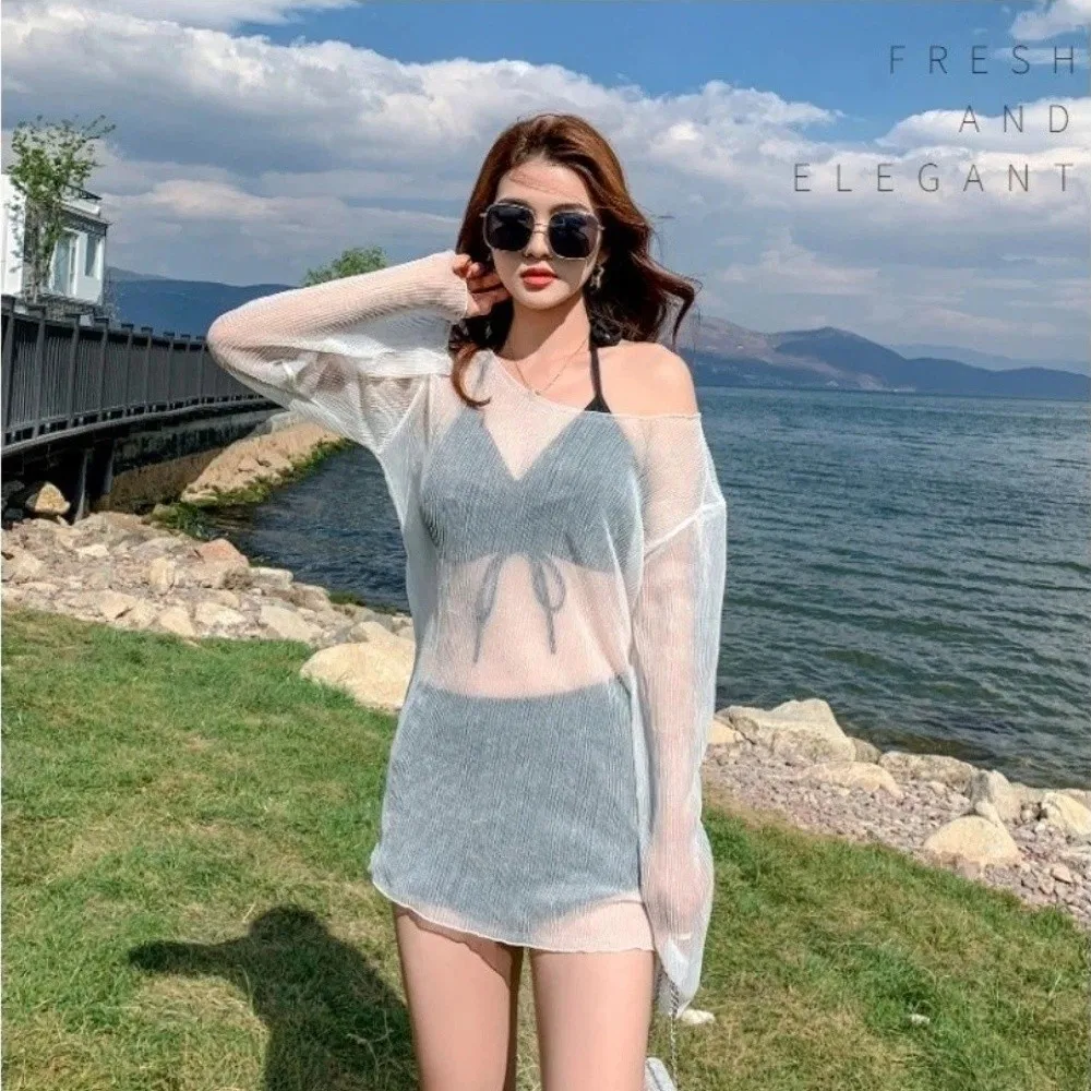 Simple Beachwear Ruffles Bikini Set Slim Fit Transparent Pullover Long Sleeve Swimsuit Sun Protection Lace-up Bathing Suit Beach
