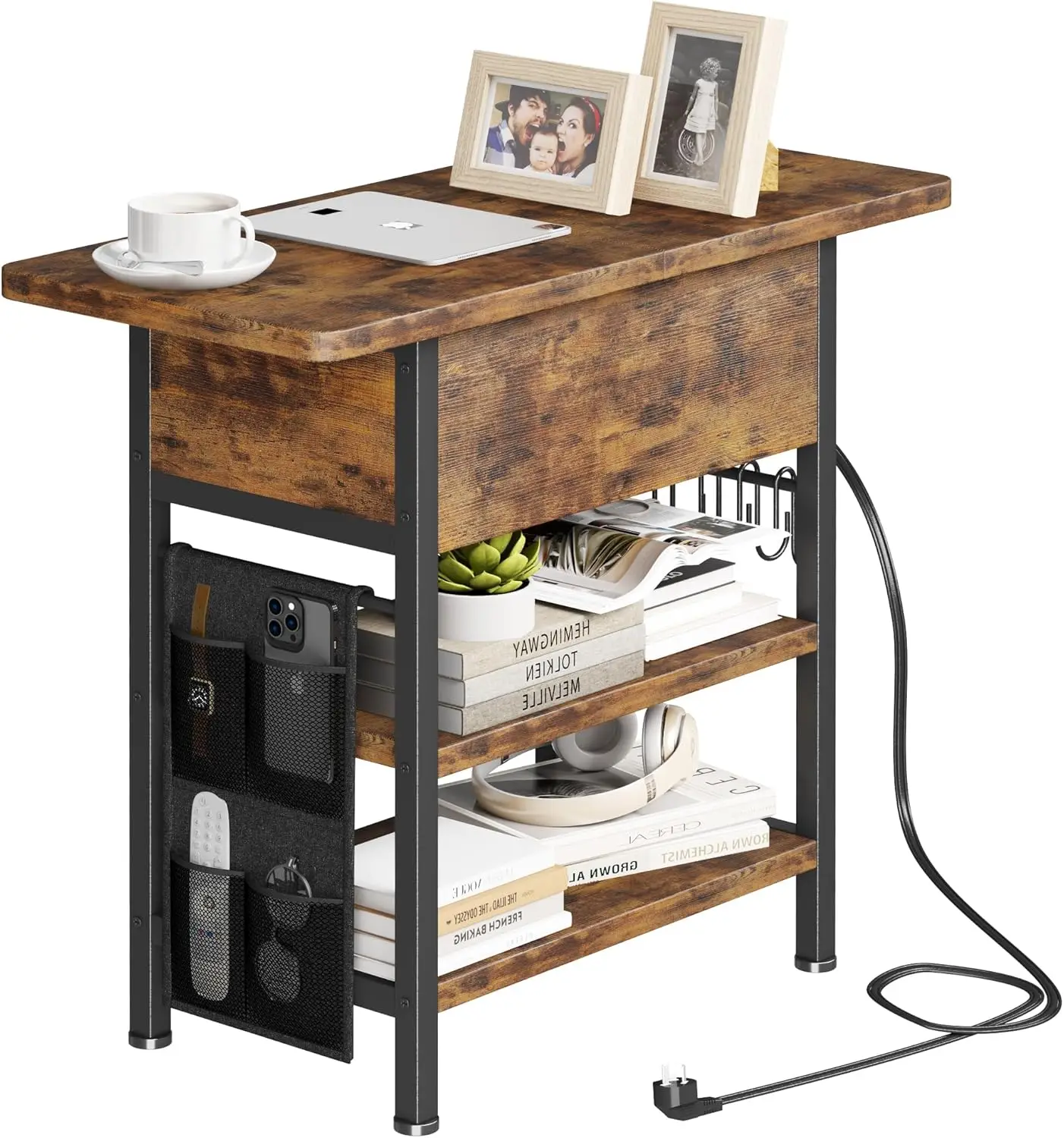 

End Table with Charging Station, Flip Top Nightstand with USB Ports and Outlets, Couch Side Table with Fabric Bag and Hooks,