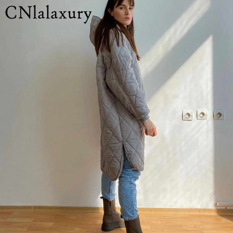 CNlalaxury 2022 New Winter Women Oversize Vintage Plaid Hooded Long Parkas Casual Pockets Cotton Jackets Coat Female Outwear