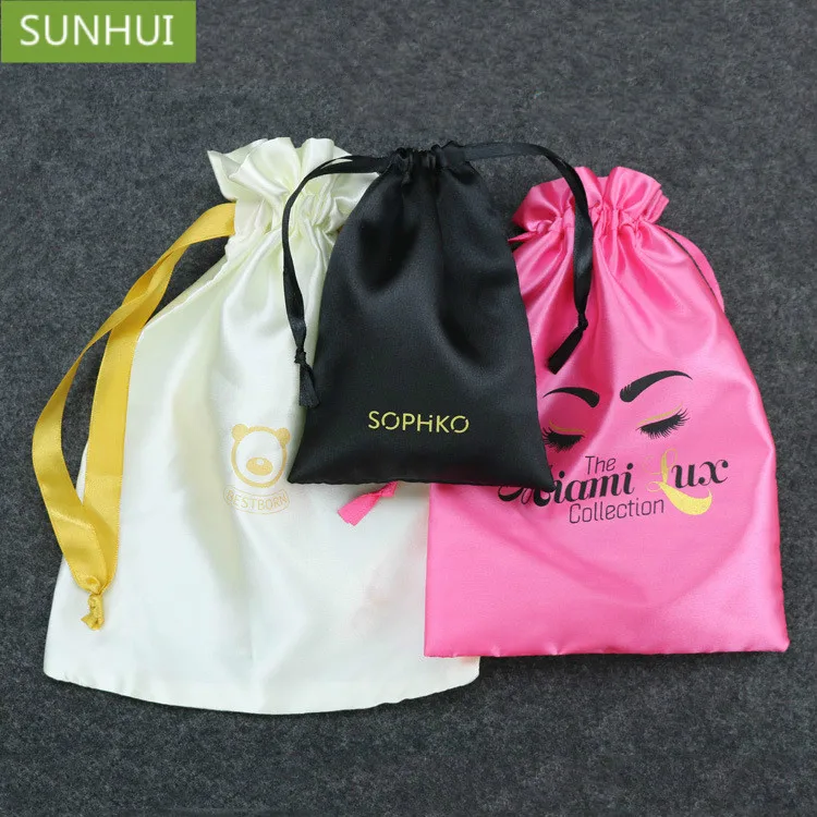 

Satin Hair Bags Packaging Bundle Silk Drawstring Pouch for Jewelry Cosmetic Party Gift Sachet Shoe Cloth Storage Sack Print Logo