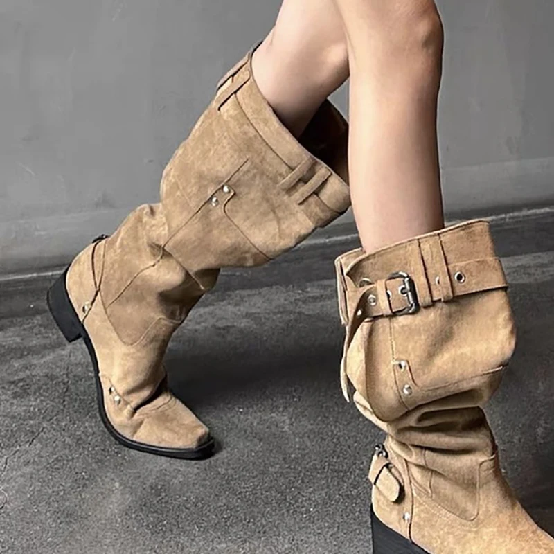  New Khaki Thick High Heels Women Knee-High Boots Women Cowboy Western Boots For Women Long Tube Boots Women Botines Mujer