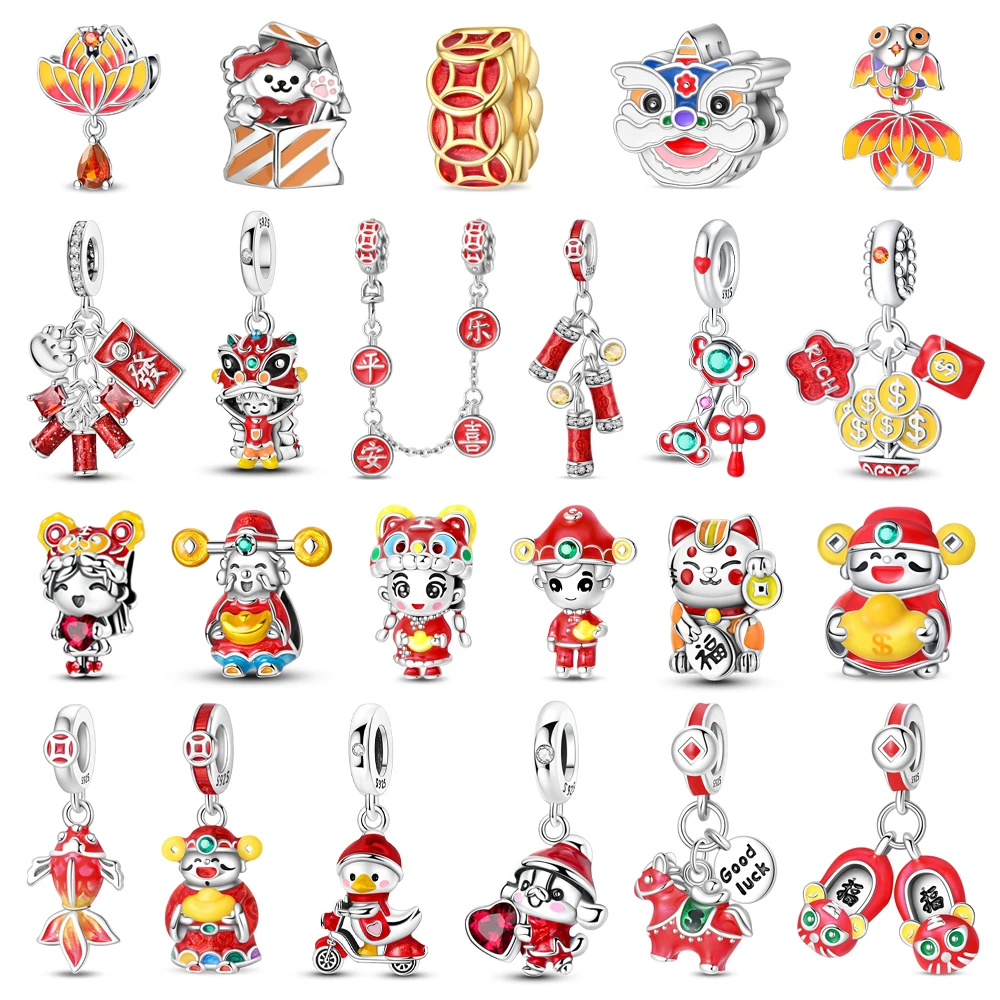 Hot Sale 925 Sterling Silver Maneki-Neko Beads & Lucky Carp & God Of Wealth Dangle Charm Fits Bracelet New Year Pendant Gifts