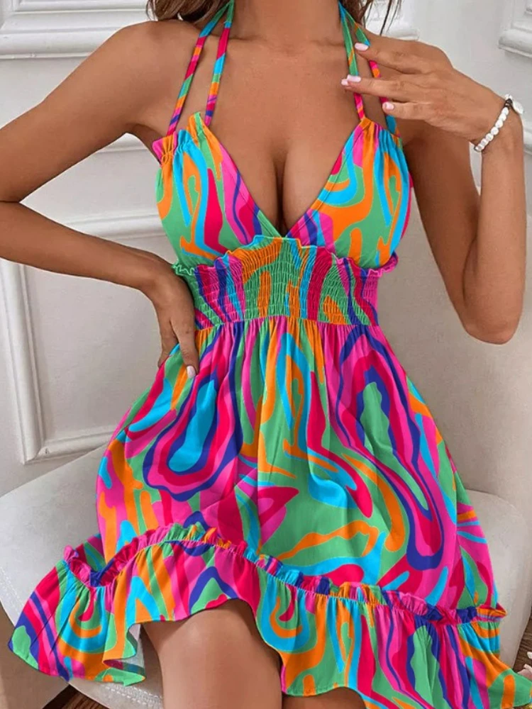 ชุดเดรสฤดูร้อนสำหรับผู้หญิงอินเทรนด์โบโฮเดรส V คอแขนกุดเชือกแขวนคอชุดเดรสแซนด์เดรส รัฟเฟิลวันหยุดชุดชายหาด 원피스
