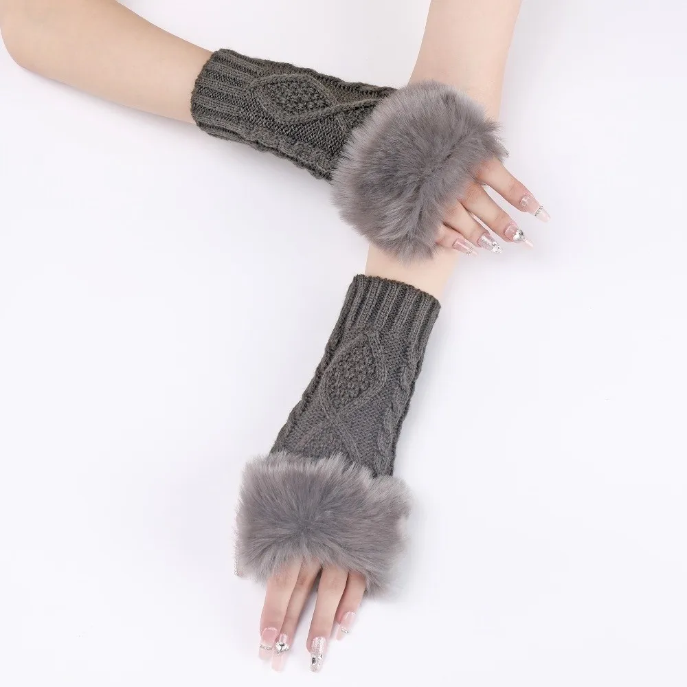 French Style Cable Knit Fingerless Arm Warmers Faux Fur Cuff Warm Half Finger Gloves Polyester Strench Sleeve Cover Women