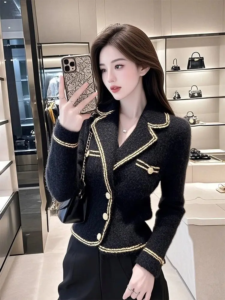 Black Suit Style Knitted Sweater Coat Women's Thickened Short Knitted Top Waist-Cinching Slimming Autumn Winter New Arrival