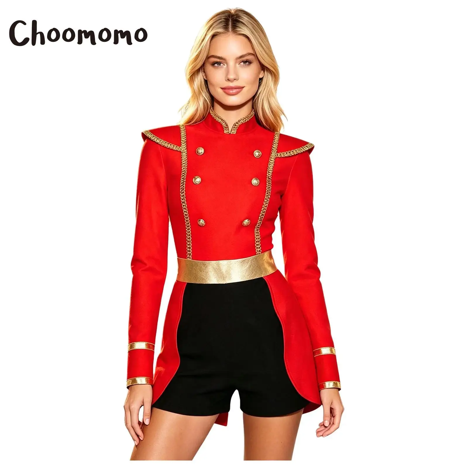 Women Circus Costume Halloween Ringmaster Jumpsuit Long Sleeves Shoulder Epaulet Bodysuit Shiny Swallow-Tailed Leotard Cosplay