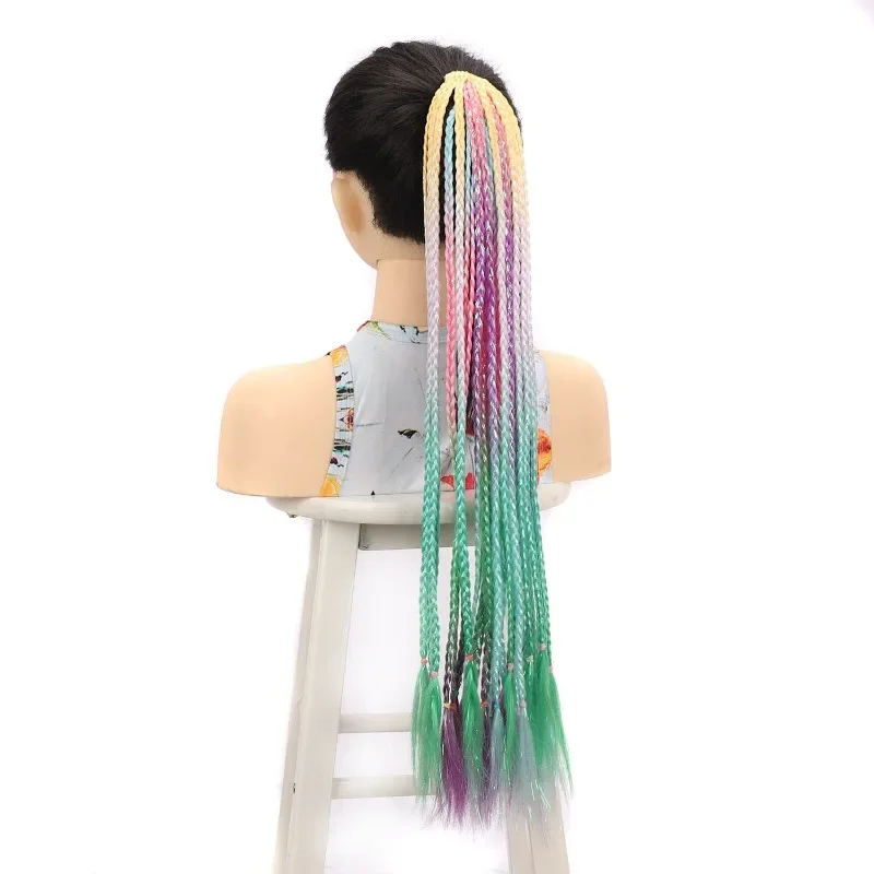 Colorful Laser Wire Pigtails Elastic Rubber Band Ponytail Punk Hip-hop Rainbow Three-strand Braid Wig Extended Ponytail