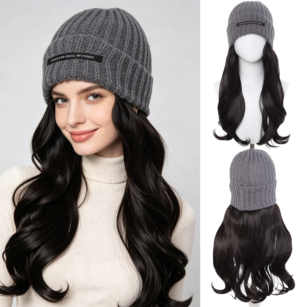 Synthetic Knitted Hat with Wavy Hair Extensions Wig Natural Wave Hair with Soft Beanie Hairpiece for Women Daily Use Winter Wig