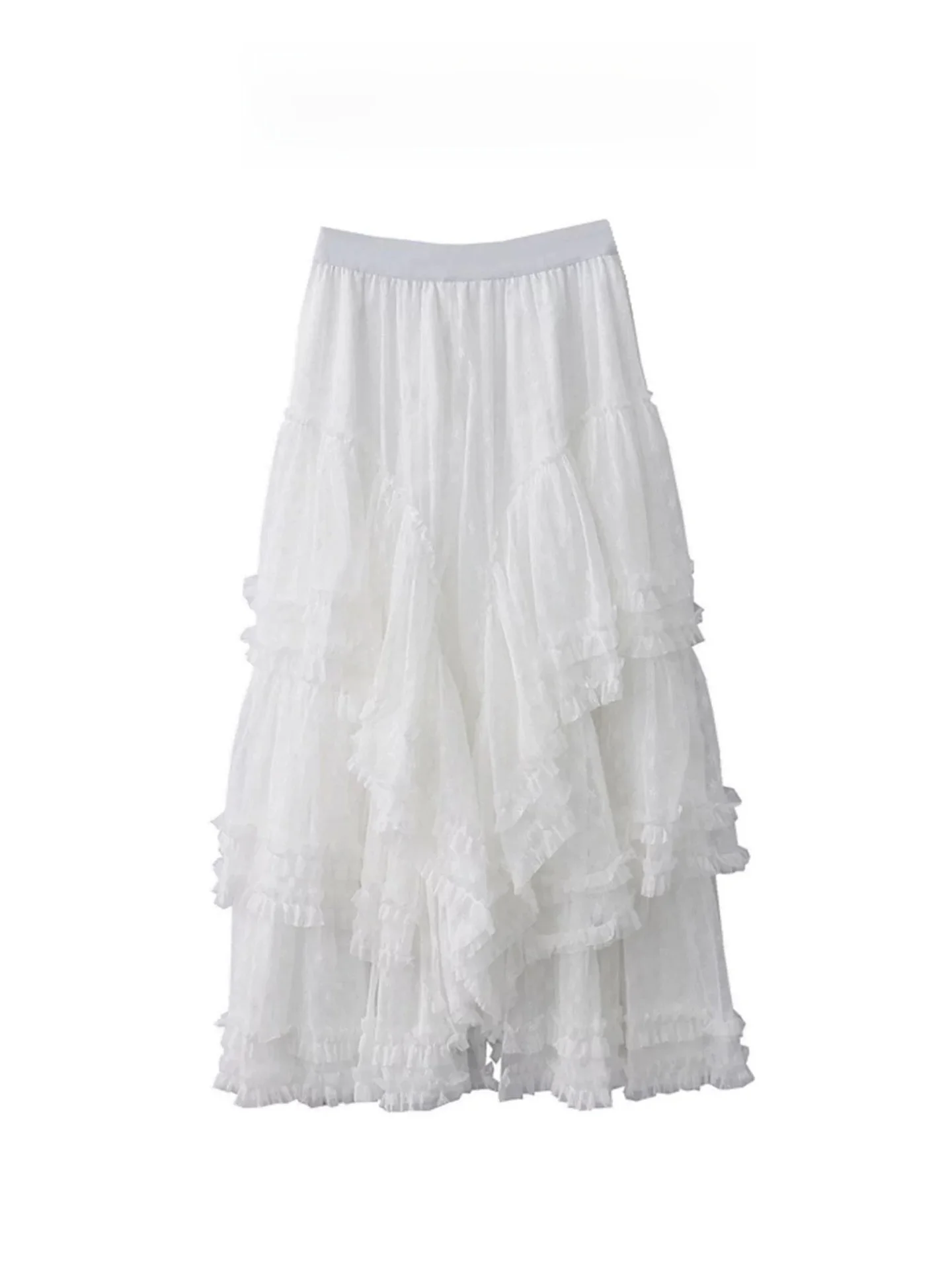 White Lace A-Line  Skirt Women's Summer New Irregular Princ Puffy Cake Long Skirt High Waist Korean Sle Daily Wear