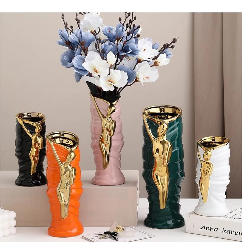 Gold Plated Figure Decorative Ceramic Vase Potted Plants Flowers Pots Desk Decoration Artificial Flower Vases Floral Arrangement