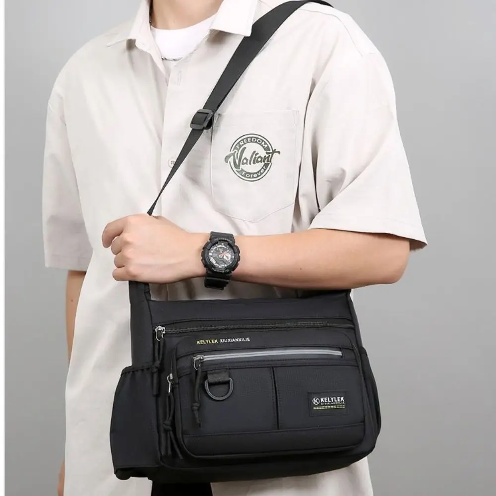 Large Capacity Men Shoulder Bag Side Pocket with Reflective Stripe Business Messenger Bag Lightweight Oxford Cloth