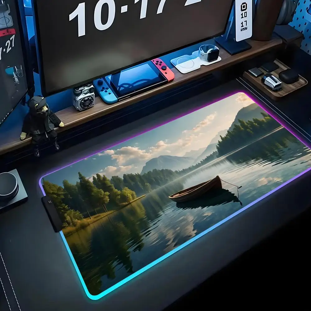 

Boat on the lake Mouse Pad RGB Gaming Mousepad Big LED Pad PC Desk Mat Luminous Mouse Pad Large Keyboard Mats Table Rug With