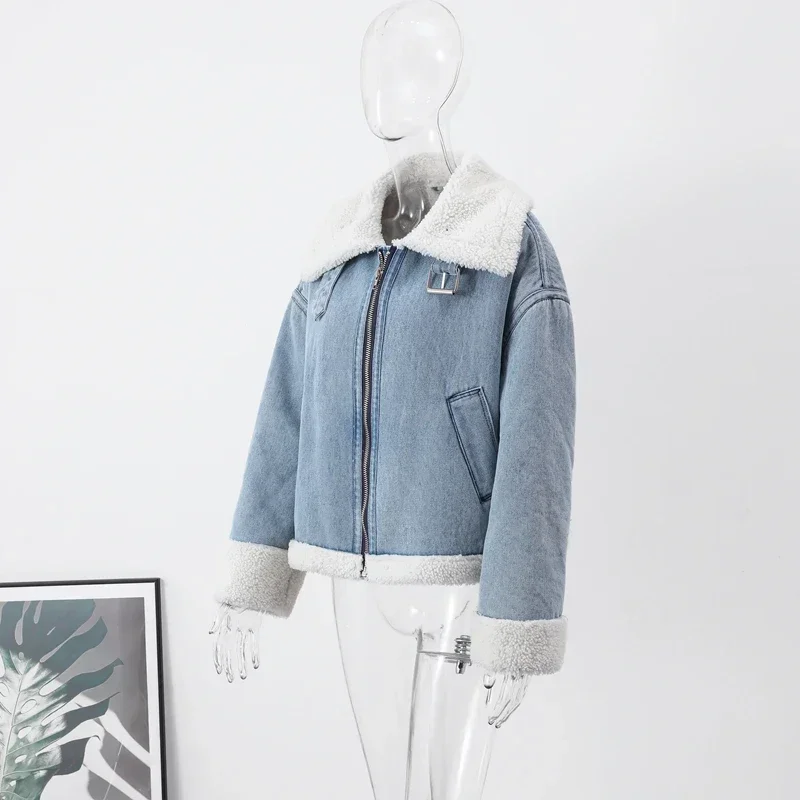 Lapel Lambs Wool Denim Women Cropped Jacket Casual Thicken Long Sleeve Zipper Coat Autumn 2023 Fashion Vintage Fleece Lady Top