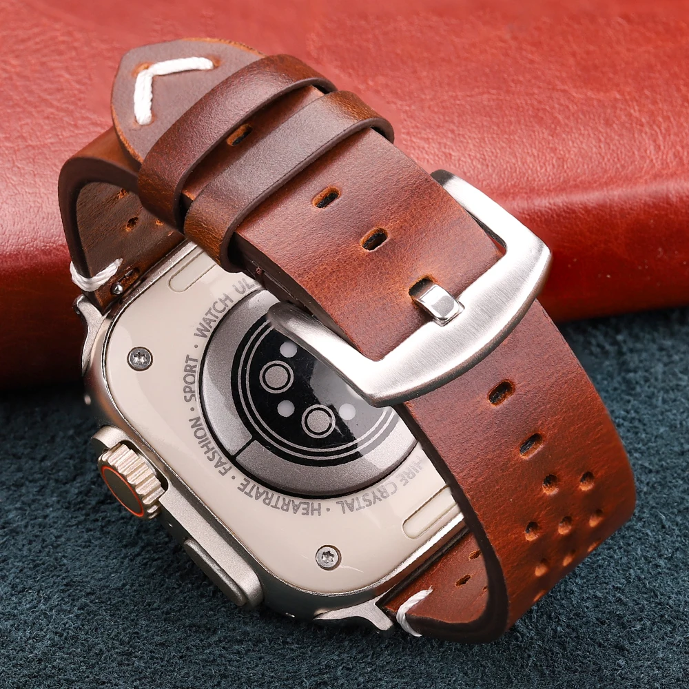 Vintage Genuine Leather Strap for Apple Watch Ultra 2 Series 9 8 7 6 SE Soft Cowhide Band 49mm 45mm 44mm 42mm 41mm 40mm Bracelet