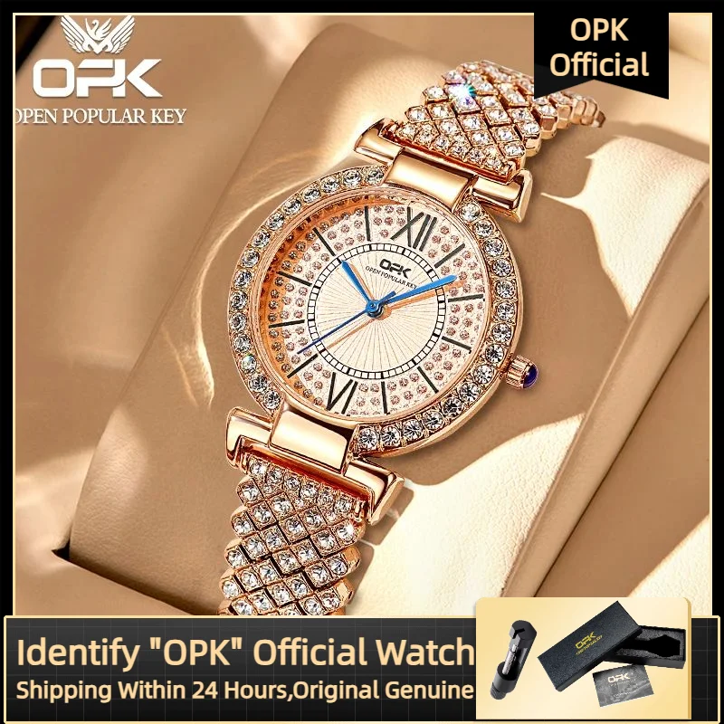 Orologio da donna OPK al quarzo con diamanti di lusso, cinturino in acciaio inossidabile, orologio da polso originale in oro rosa, orologio da donna al quarzo impermeabile