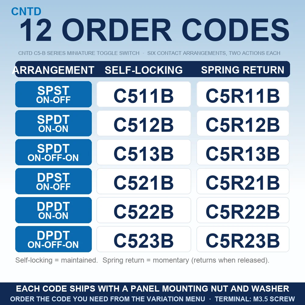 CNTD C5-B Series Miniature Toggle Switch C521B C5R21B 15A 250VAC M3.5 Screw Terminal Self-Locking Momentary SPST DPST 12mm CE 3C