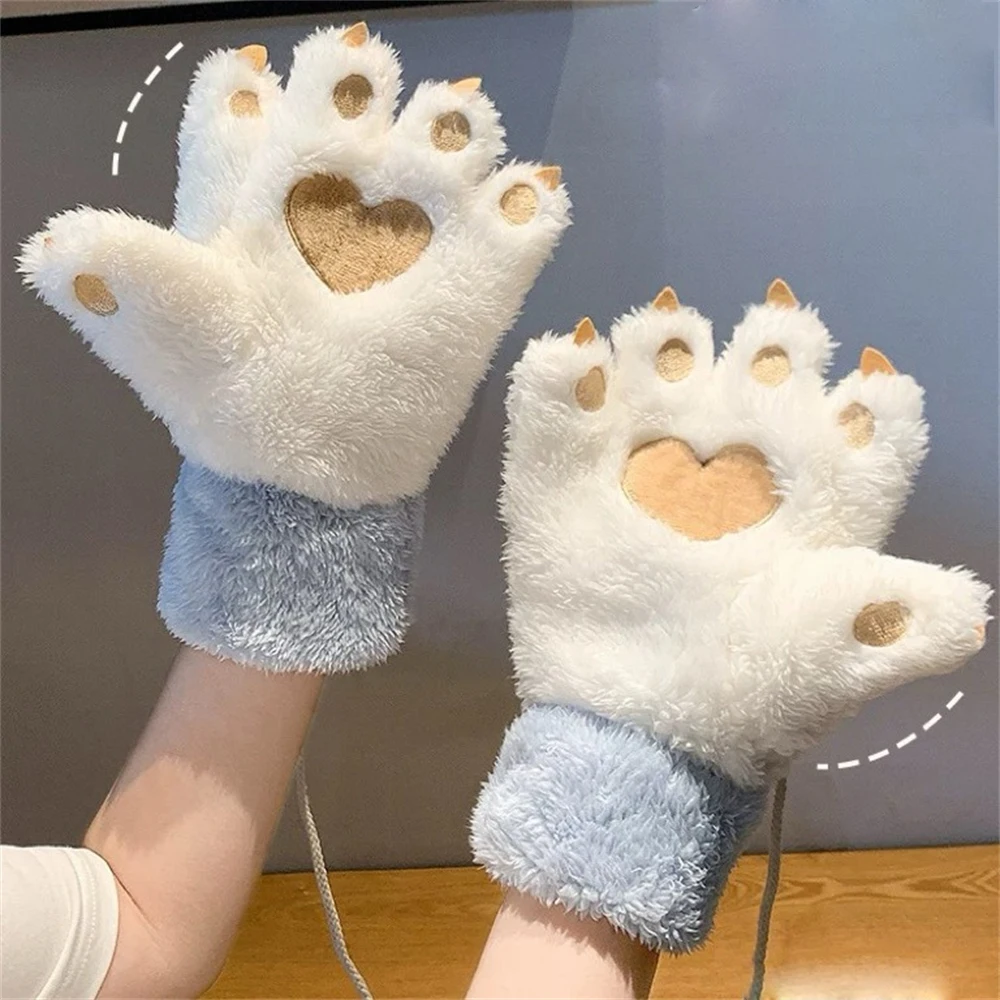 Winter Warm Soft Cartoon Cat Claw Gloves Women Hanging Neck Riding Thickened Cute Sweet Fluffy Bear Paw Full Finger Gloves Gift