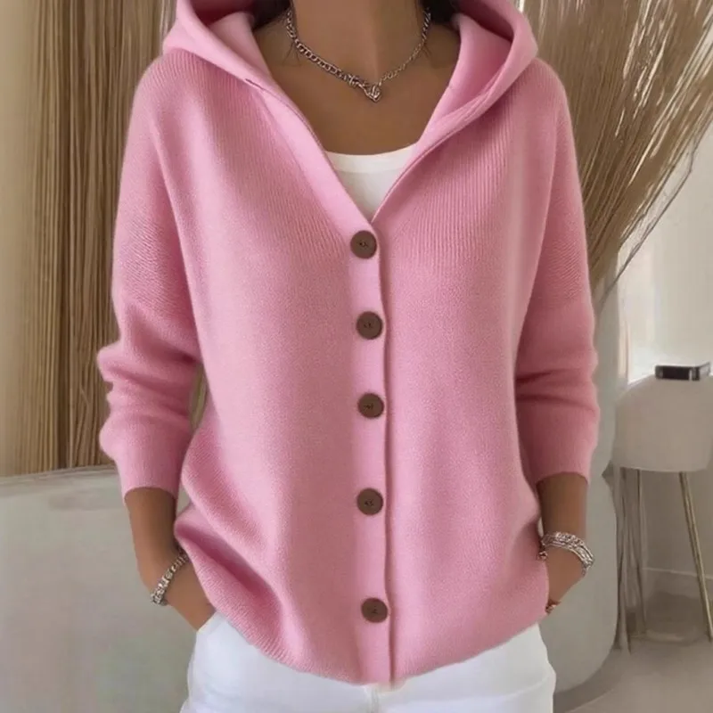 

Сплошной цвет, вязаный свитер с капюшоном и пуговицами, куртка-кардиган на осень-зиму, новая повседневная модная женская одежда, женская одежда