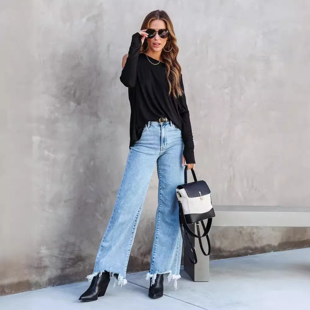 

High Waist Tassel Detail Denim Jeans Women's Casual Slimming Long Pants Faionable Casual Sle High Waist Waed Effect