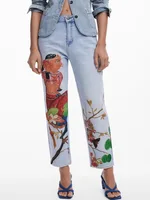 2025 nuevo comercio exterior España original soltero jeans de mujer estilo bohemio impreso pierna recta elástica casual pantalones de pierna recta