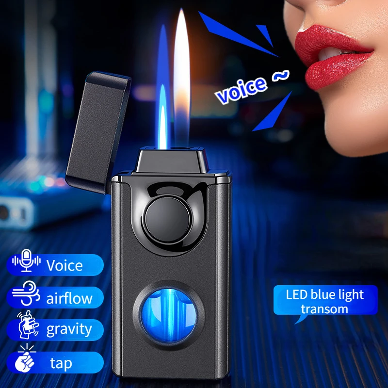 Voice-activated Double Flame Lighter, Blue Light Transom, Straight Into Open Flame, Airflow, Gravity, 4 Ignition Methods, Metal