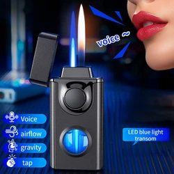 Voice-activated Double Flame Lighter, Blue Light Transom, Straight Into Open Flame, Airflow, Gravity, 4 Ignition Methods, Metal