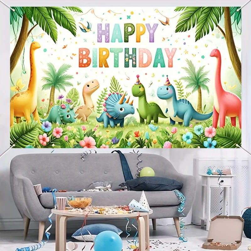 Cartoon Dinosaur Polyester Photo Backdrop Banner - Vibrant Happy Birthday Decorations for Indoor Outdoor Events, Parties