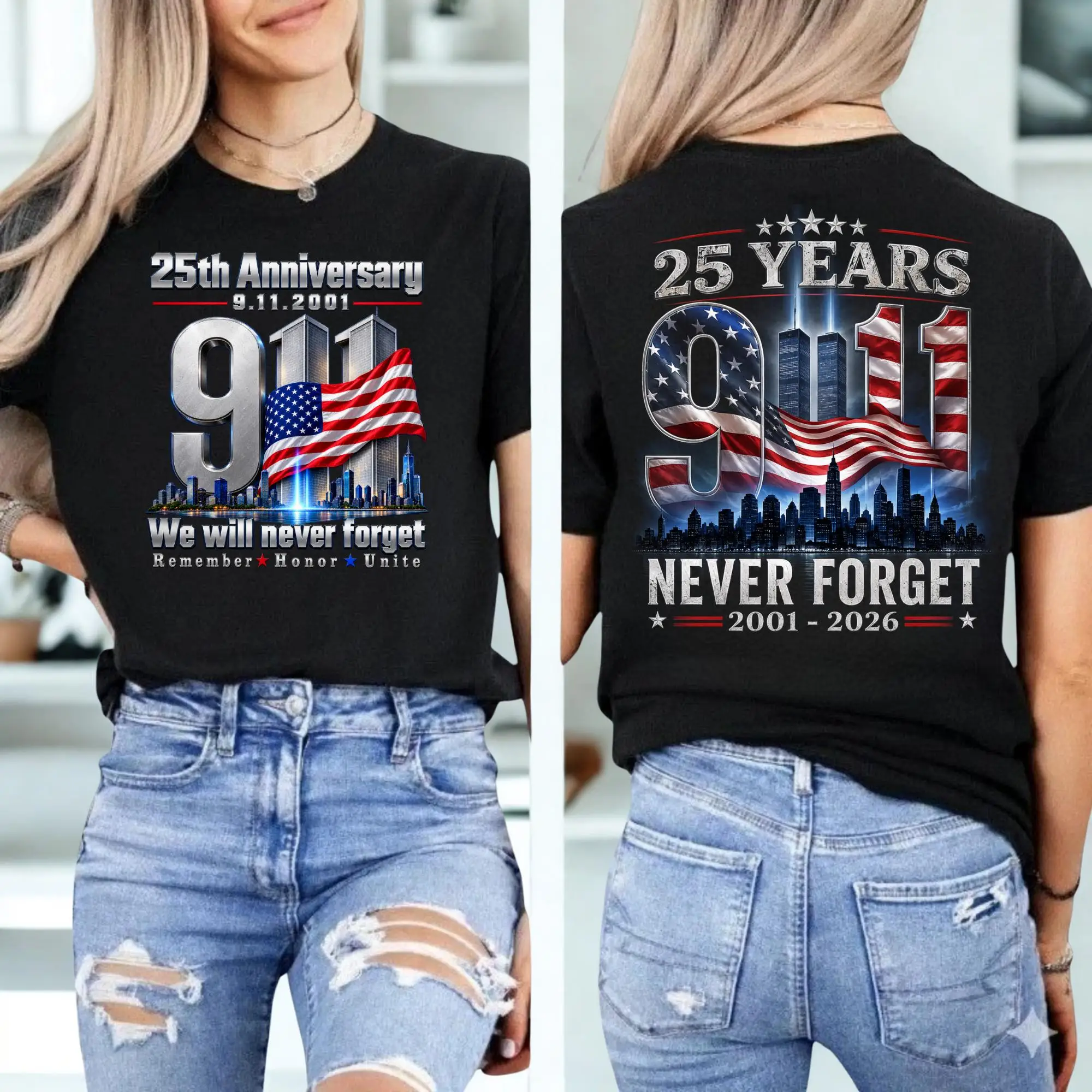 2026 9/11 25th Anniversary T-shirt: Never Forget, Saluting The Flag. Designed for The 2026 Double-Sided Patriot Day