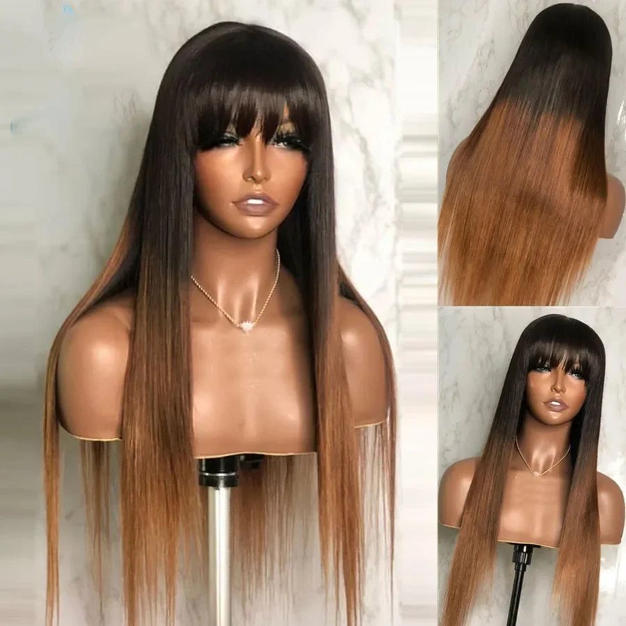 Long 26Inch 180Density Ombre Brown Straight with Bangs Long Machine Wig For Black Women BabyHair Preplucked Glueless Daily