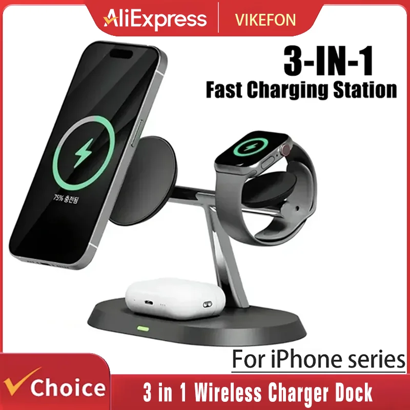 Base de carga inalámbrica magnética 3 en 1 para Magsafe iPhone 17-12 Pro Max Samsung S24 Apple/Galaxy Watch Airpods/Buds carga rápida